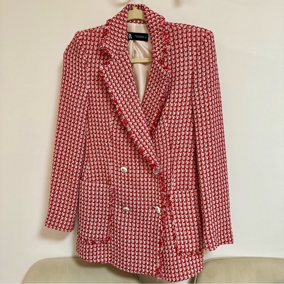 Red Houndstooth Double-Breasted Blazer - Picture 1 of 9